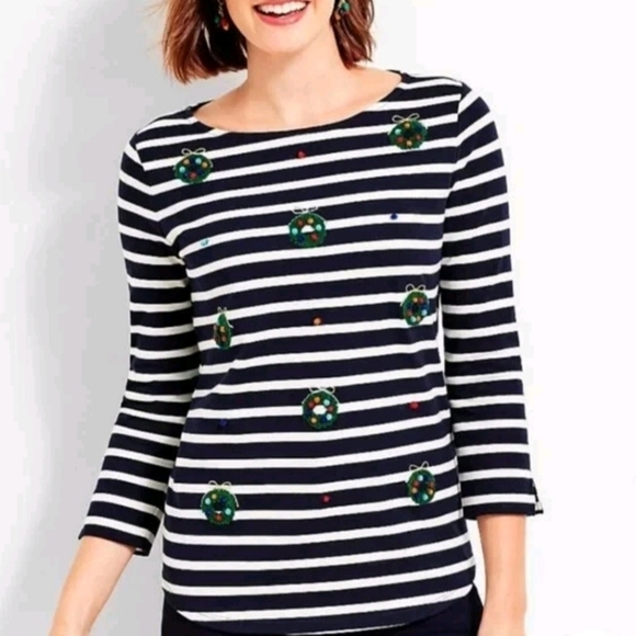 TALBOTS Indigo Blue Stripe Embroidered Wreaths Holiday Tee Top Sz Medium - Picture 1 of 8